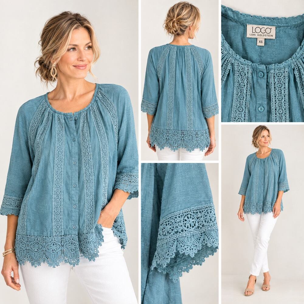 LOGO Lori Goldstein Blouse XS Teal Blue 100% Cotton Lace Trim Button Front